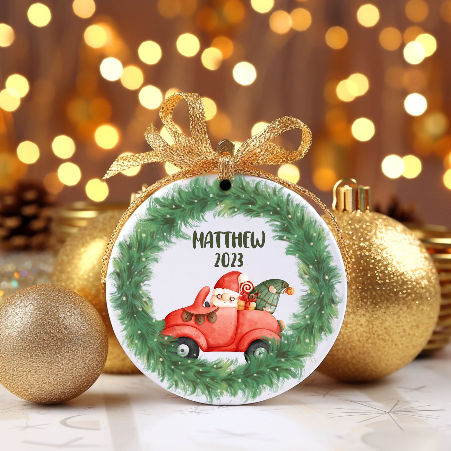 Red Truck Wreath Personalized Ornament | Name Christmas Tree Ornament | Holiday Gift | Personalized Child Gift | New Parent Ornament