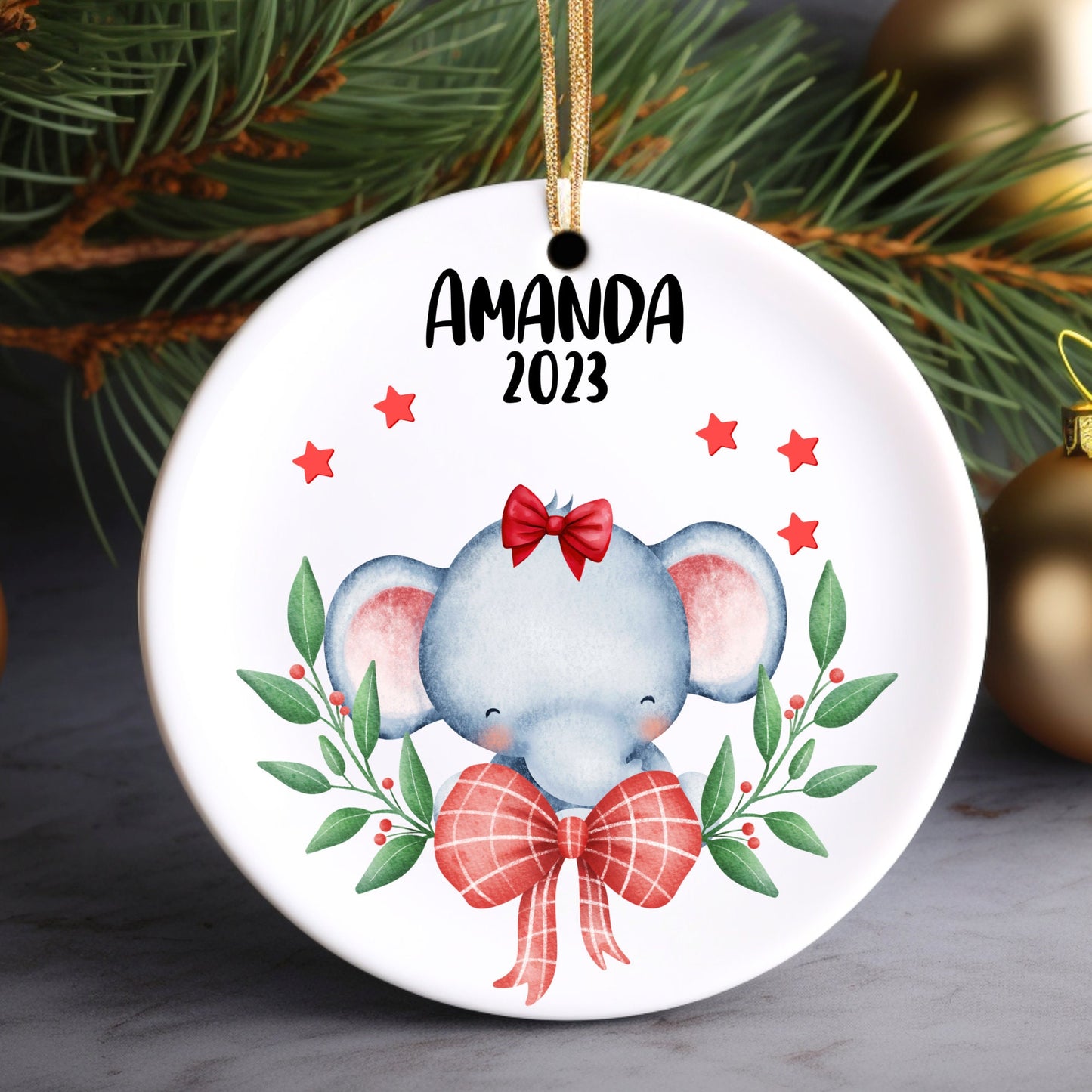 Christmas Elephant Girl Personalized Ornament | Name Christmas Tree Ornament | Holiday Gift | Kids Stocking Stuffer | New Parent Ornament