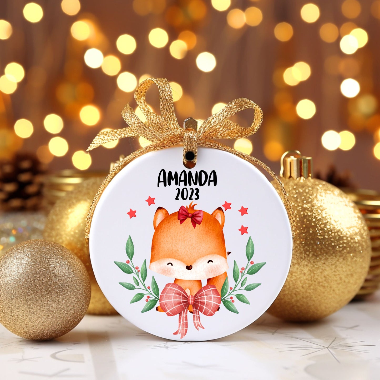 Christmas Fox Girl Personalized Ornament | Name Christmas Tree Ornament | Holiday Gift | Kids Stocking Stuffer | New Parent Ornament