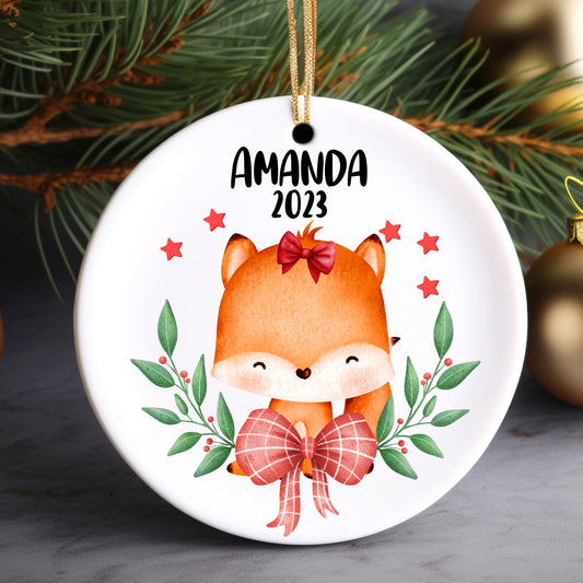 Christmas Fox Girl Personalized Ornament | Name Christmas Tree Ornament | Holiday Gift | Kids Stocking Stuffer | New Parent Ornament