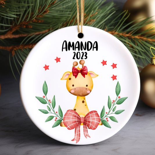 Christmas Giraffe Girl Personalized Ornament | Name Christmas Tree Ornament | Holiday Gift | Kids Stocking Stuffer | New Parent Ornament