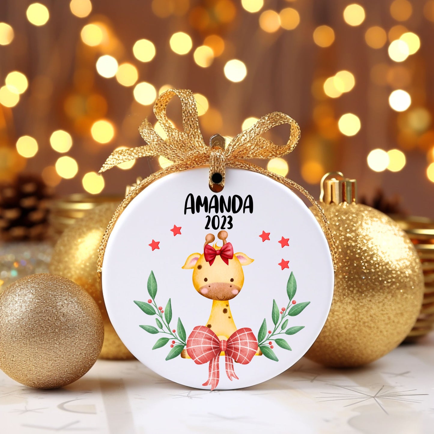 Christmas Giraffe Girl Personalized Ornament | Name Christmas Tree Ornament | Holiday Gift | Kids Stocking Stuffer | New Parent Ornament