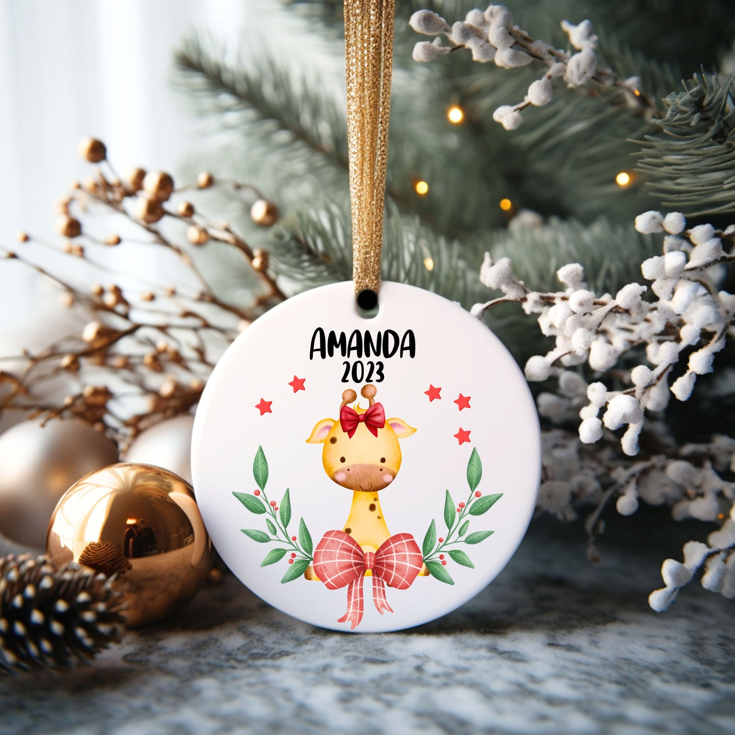 Christmas Giraffe Girl Personalized Ornament | Name Christmas Tree Ornament | Holiday Gift | Kids Stocking Stuffer | New Parent Ornament