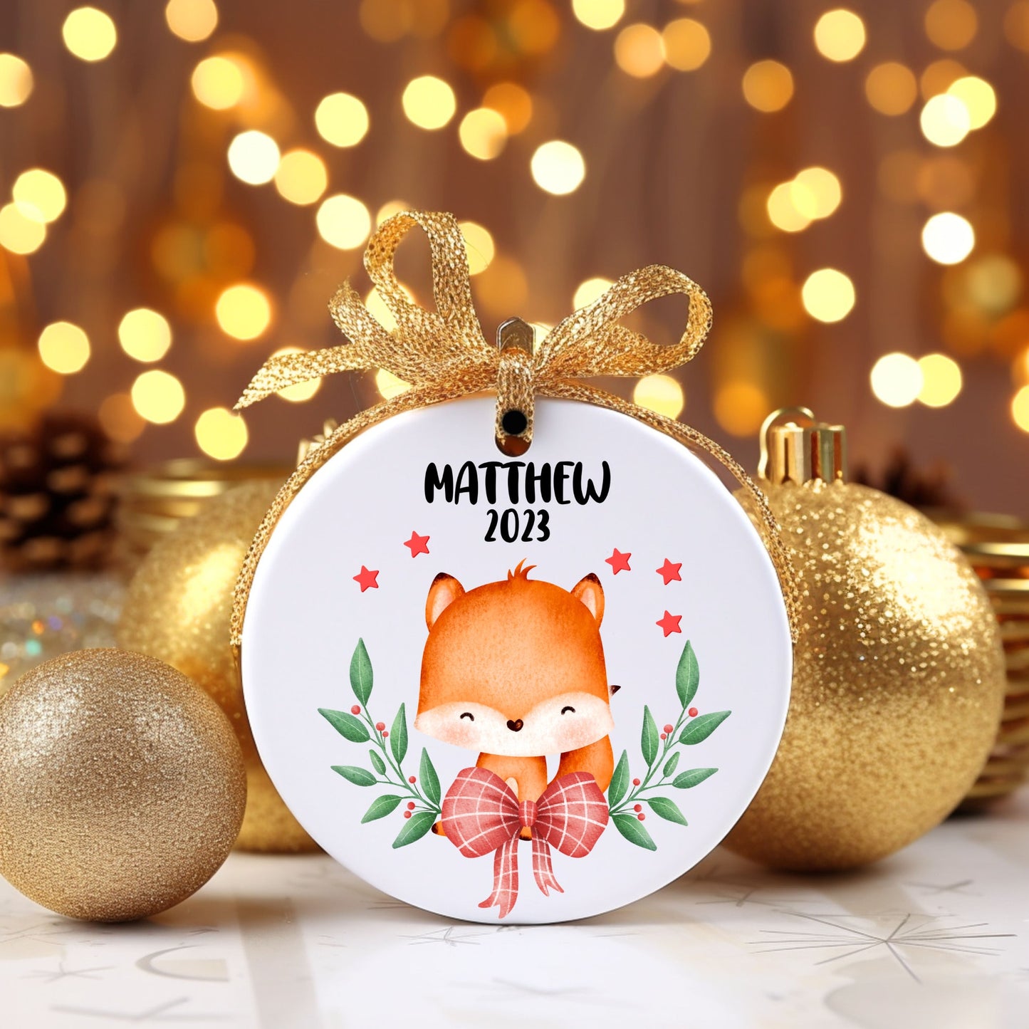 Christmas Fox Boy Personalized Ornament | Name Christmas Tree Ornament | Holiday Gift | Stocking Stuffer | New Parent Ornament