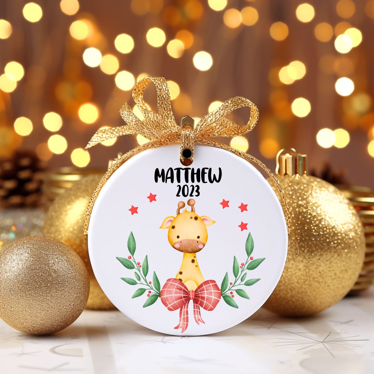 Christmas Giraffe Boy Personalized Ornament | Name Christmas Tree Ornament | Holiday Gift | Stocking Stuffer | New Parent Ornament