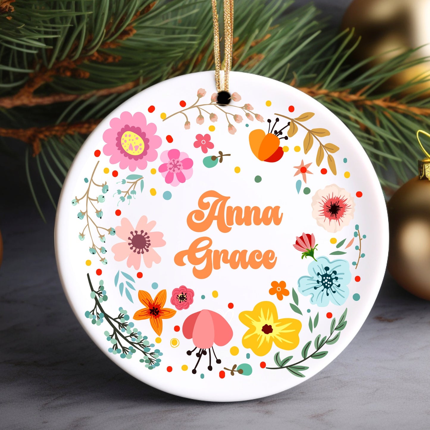 Floral Wreath Personalized Ornament | Name Christmas Tree Ornament | Holiday Gift | Personalized Child Gift | New Parent Ornament