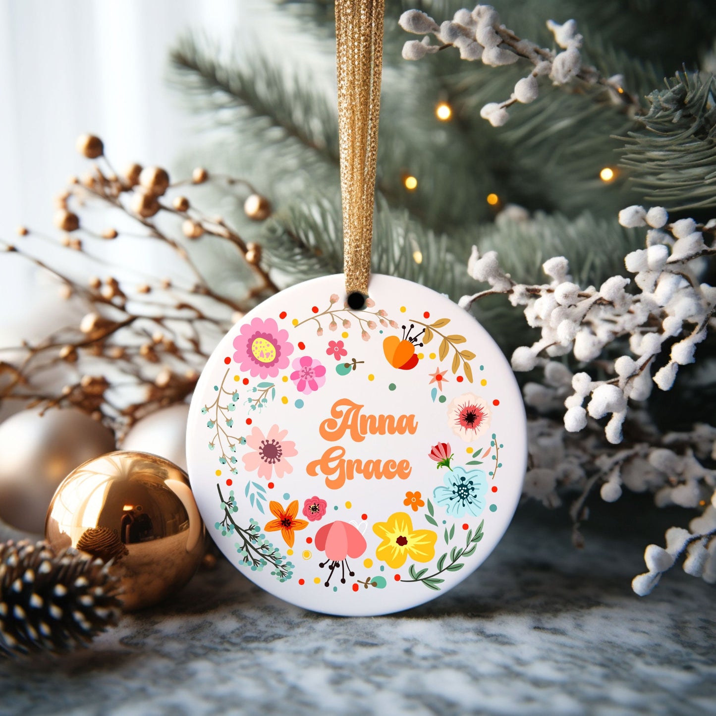 Floral Wreath Personalized Ornament | Name Christmas Tree Ornament | Holiday Gift | Personalized Child Gift | New Parent Ornament