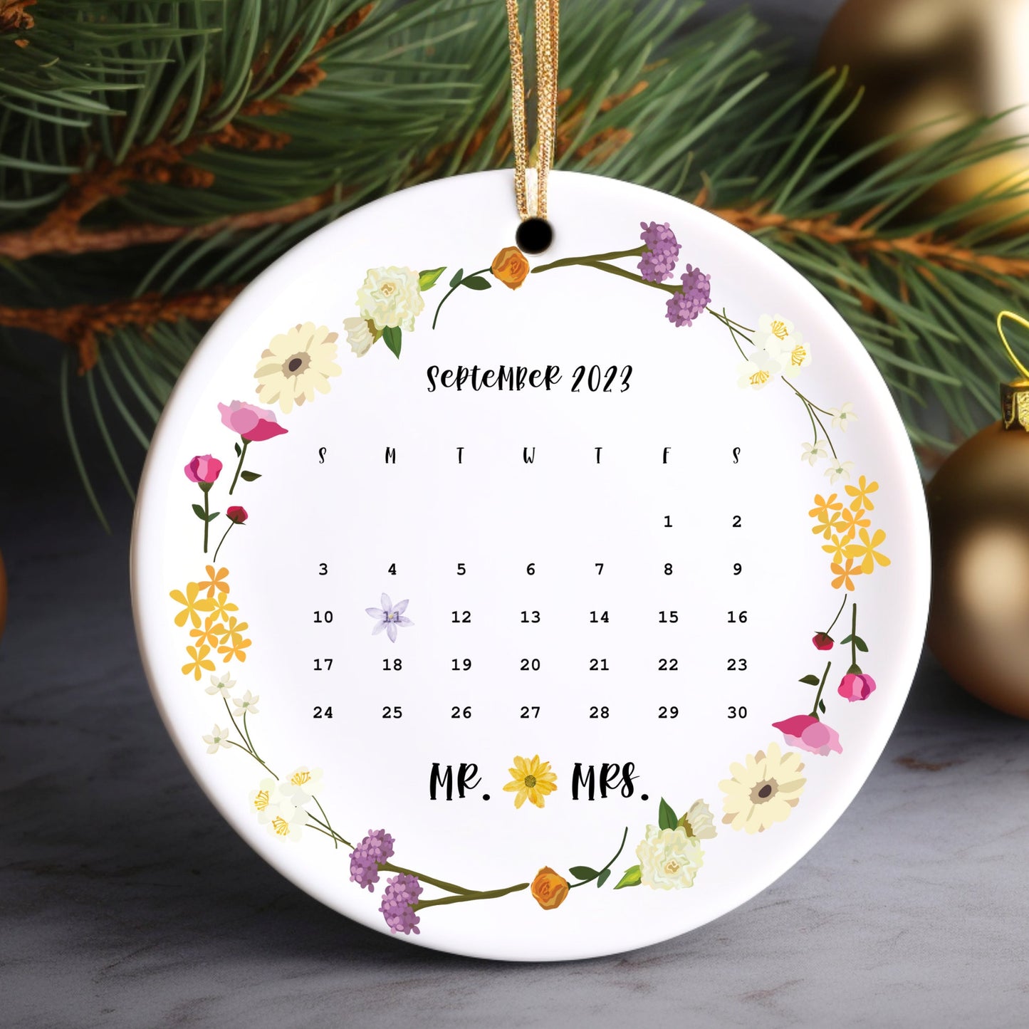 Calendar Ornament | Wedding Gift | Wedding Date Ornament  | Anniversary Gift | Floral Calendar Ornament | Newlywed Gift