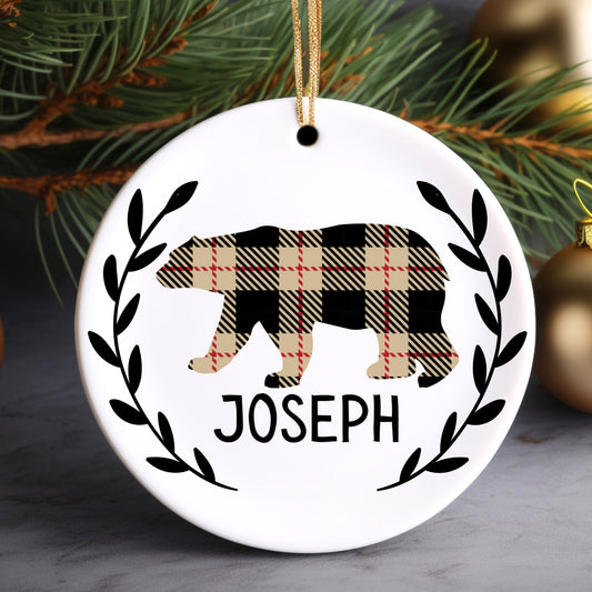 Plaid Bear Personalized Ornament | Name Christmas Tree Ornament | Holiday Gift | Kids Stocking Stuffer | Hunter Farmhouse Ornament