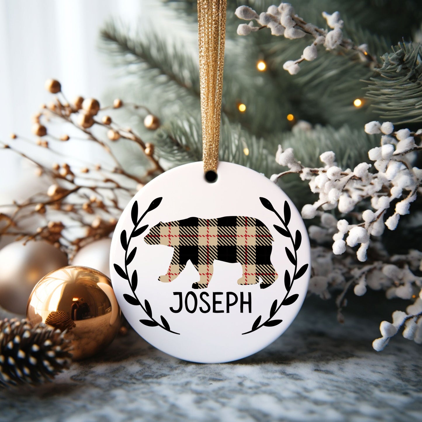 Plaid Bear Personalized Ornament | Name Christmas Tree Ornament | Holiday Gift | Kids Stocking Stuffer | Hunter Farmhouse Ornament