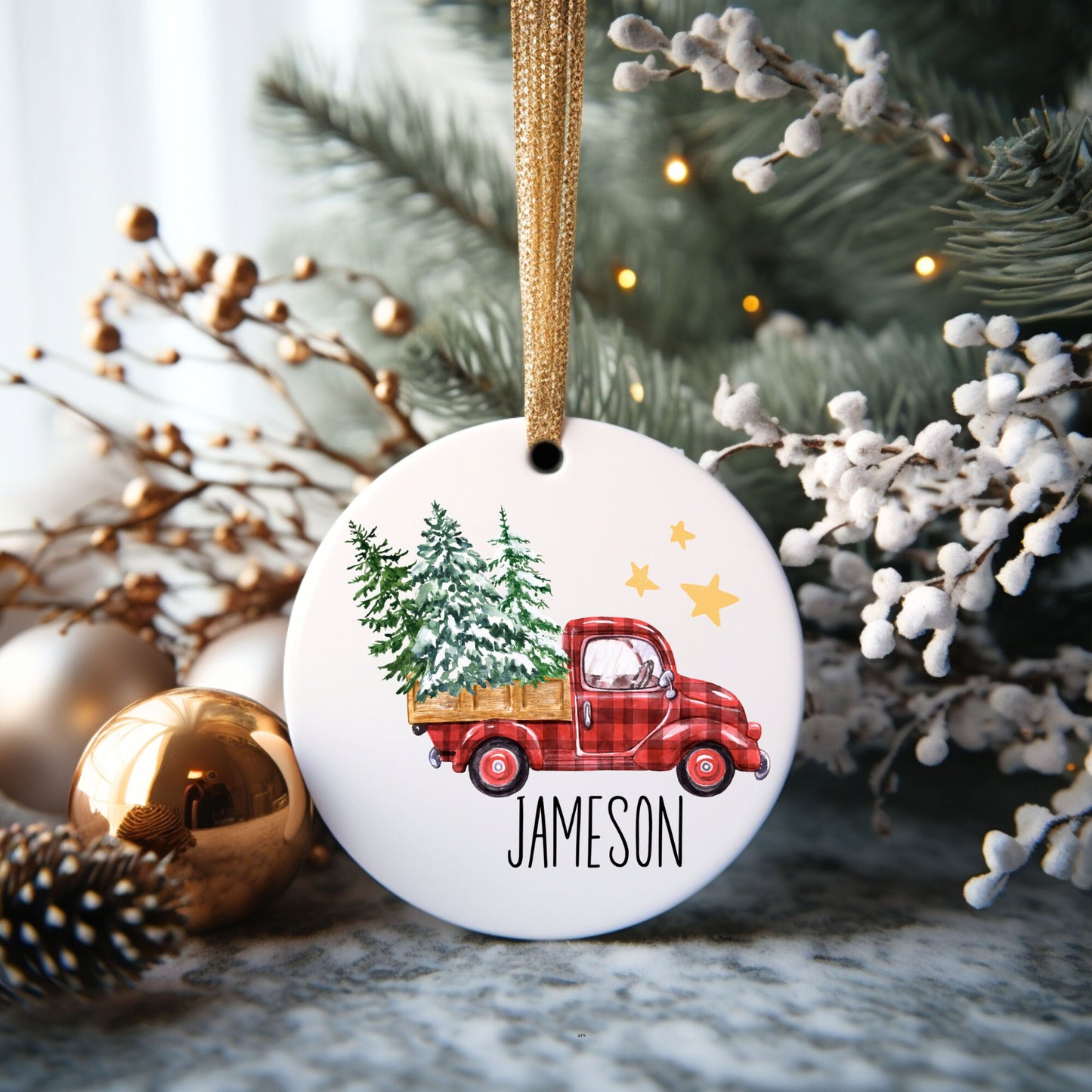 Plaid Truck Tree Personalized Ornament | Name Christmas Tree Ornament | Holiday Gift | Kids Stocking Stuffer | New Parent Ornament