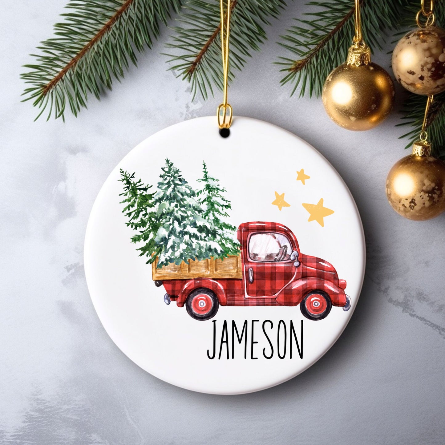 Plaid Truck Tree Personalized Ornament | Name Christmas Tree Ornament | Holiday Gift | Kids Stocking Stuffer | New Parent Ornament