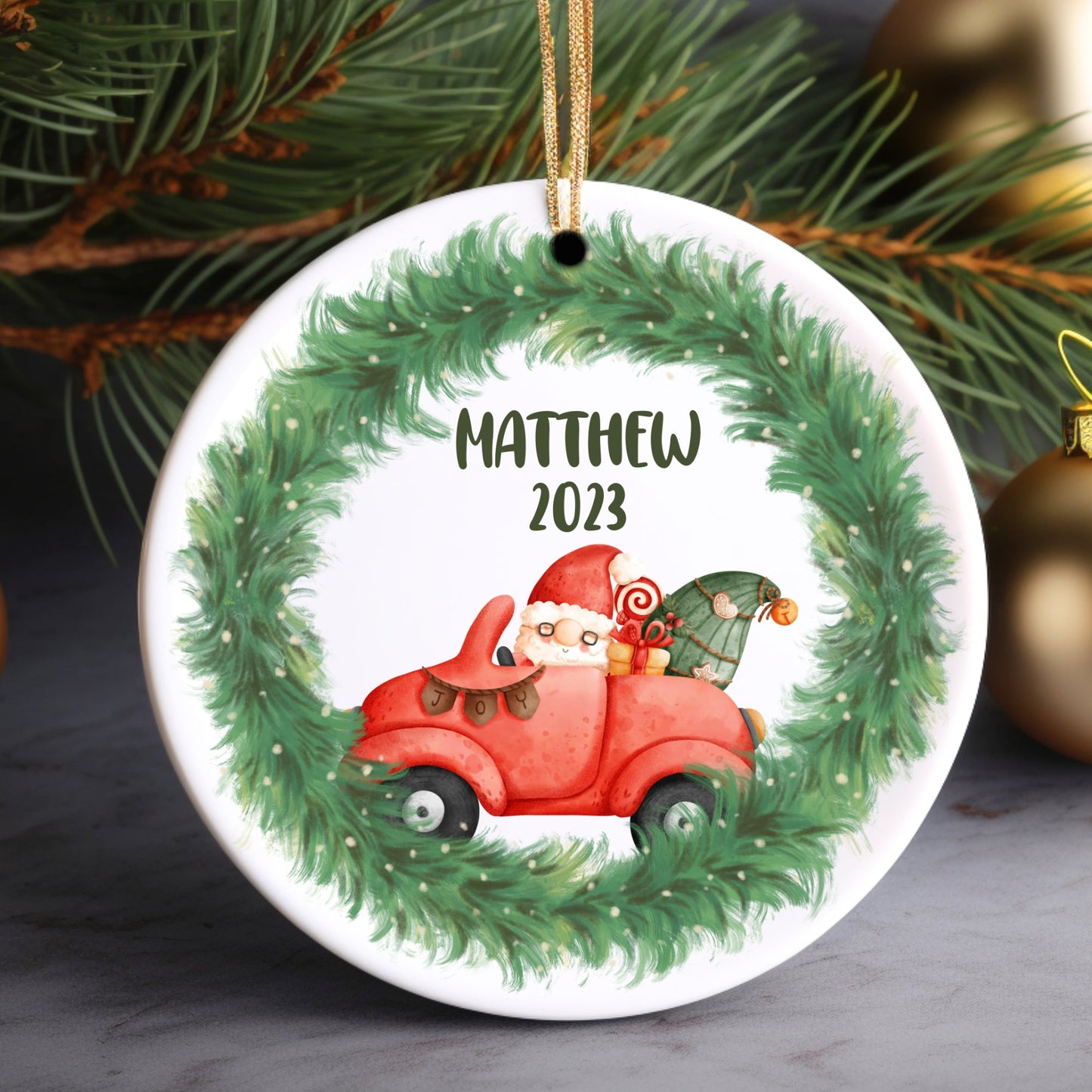 Red Truck Wreath Personalized Ornament | Name Christmas Tree Ornament | Holiday Gift | Personalized Child Gift | New Parent Ornament