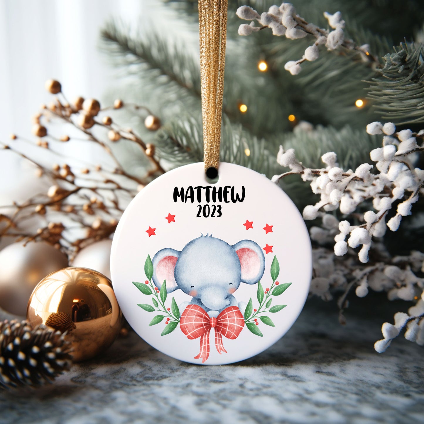 Christmas Elephant Boy Personalized Ornament | Name Christmas Tree Ornament | Holiday Gift | Stocking Stuffer | New Parent Ornament