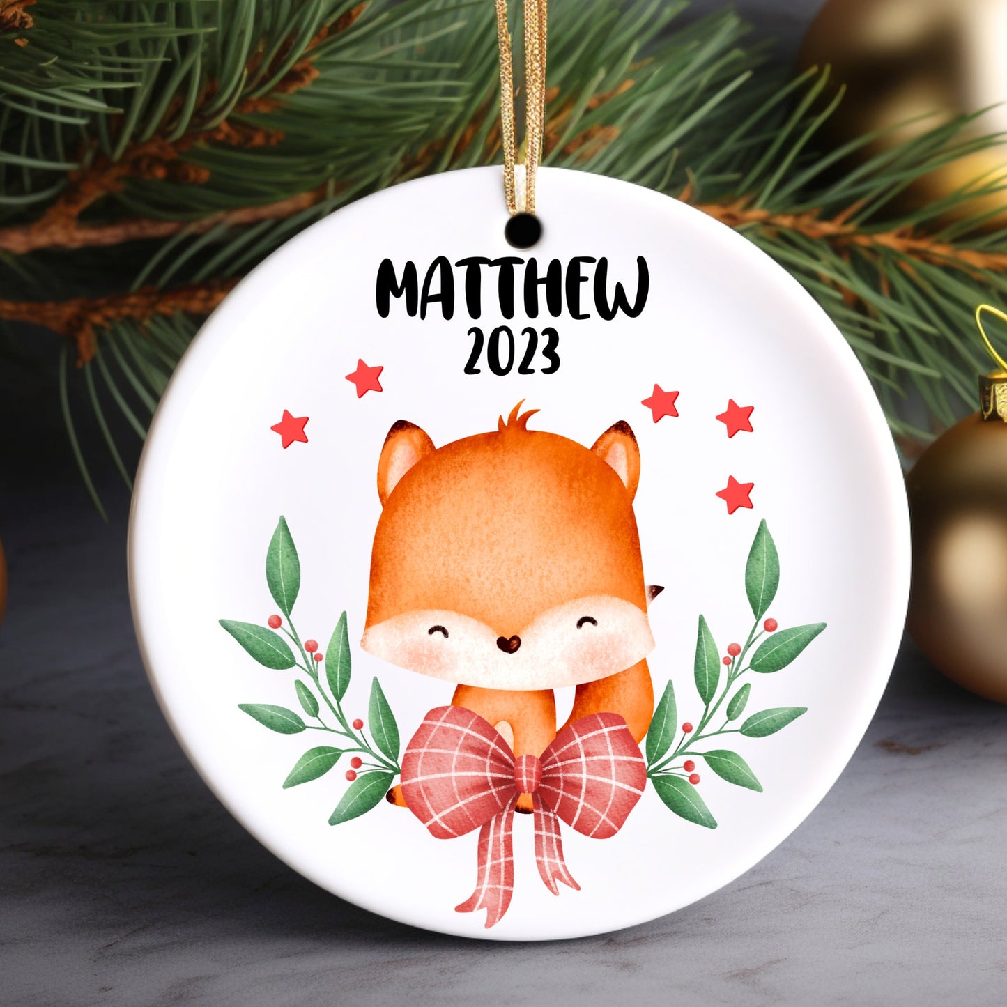 Christmas Fox Boy Personalized Ornament | Name Christmas Tree Ornament | Holiday Gift | Stocking Stuffer | New Parent Ornament