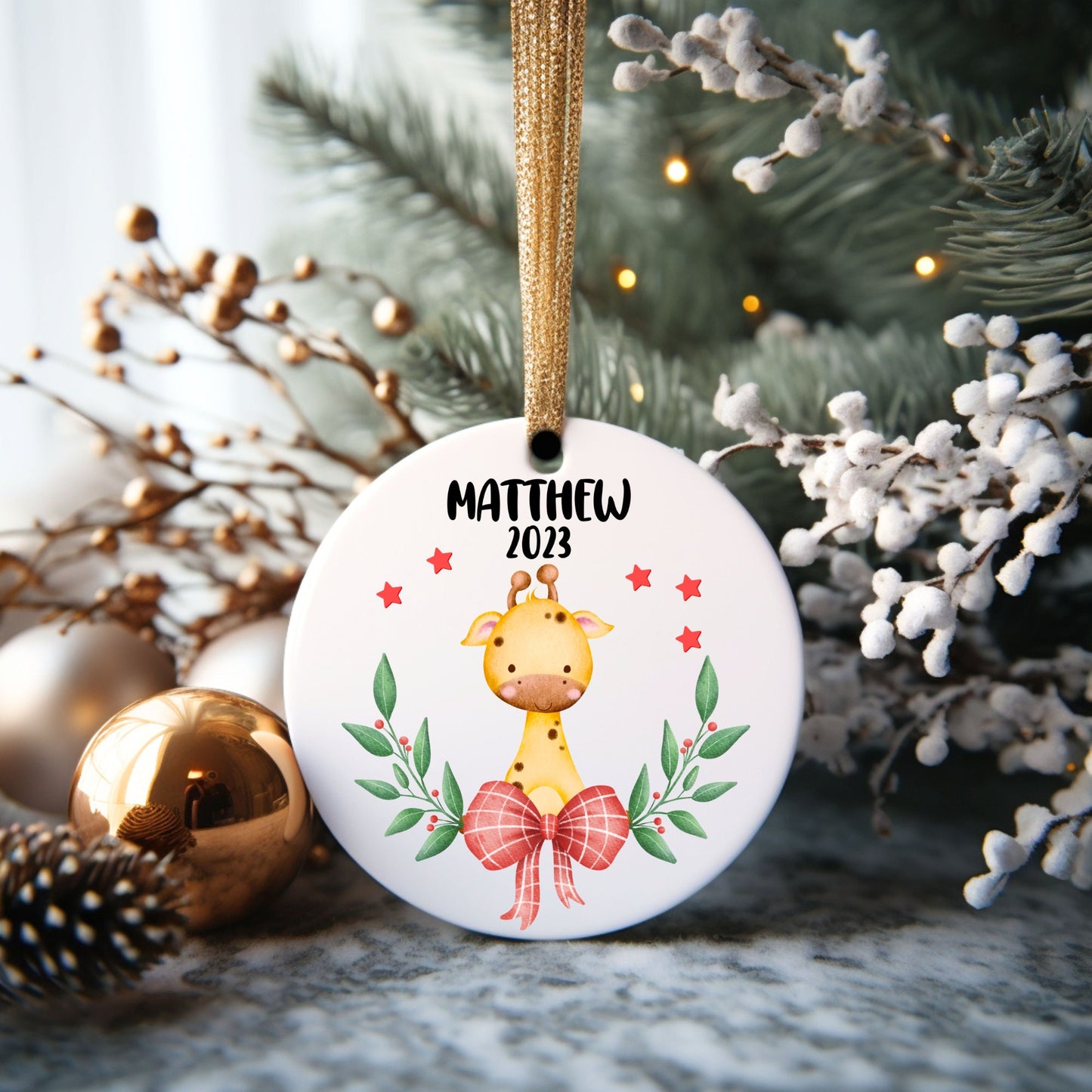 Christmas Giraffe Boy Personalized Ornament | Name Christmas Tree Ornament | Holiday Gift | Stocking Stuffer | New Parent Ornament