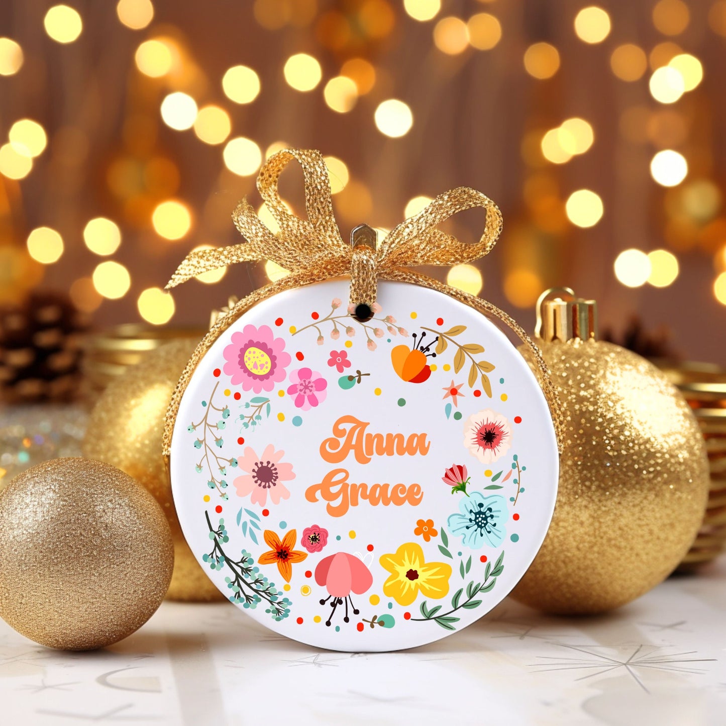 Floral Wreath Personalized Ornament | Name Christmas Tree Ornament | Holiday Gift | Personalized Child Gift | New Parent Ornament