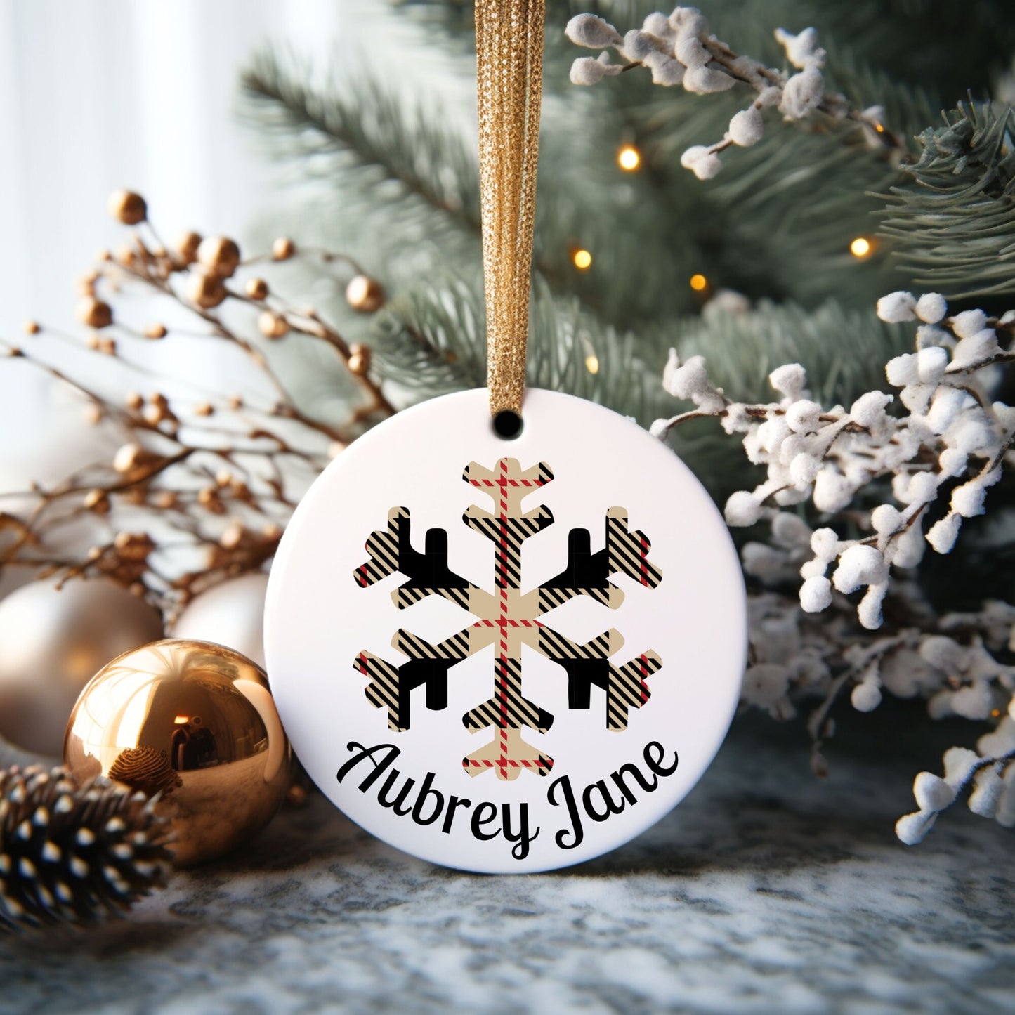 Plaid Snowflake Personalized Ornament | Name Christmas Tree Ornament | Holiday Gift | Kids Stocking Stuffer | Farmhouse Ornament