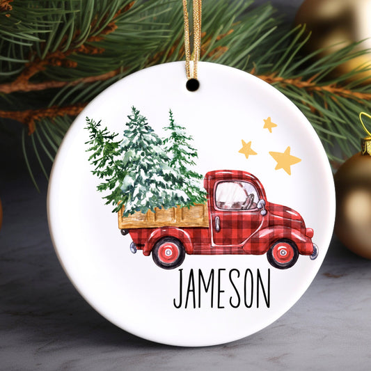 Plaid Truck Tree Personalized Ornament | Name Christmas Tree Ornament | Holiday Gift | Kids Stocking Stuffer | New Parent Ornament